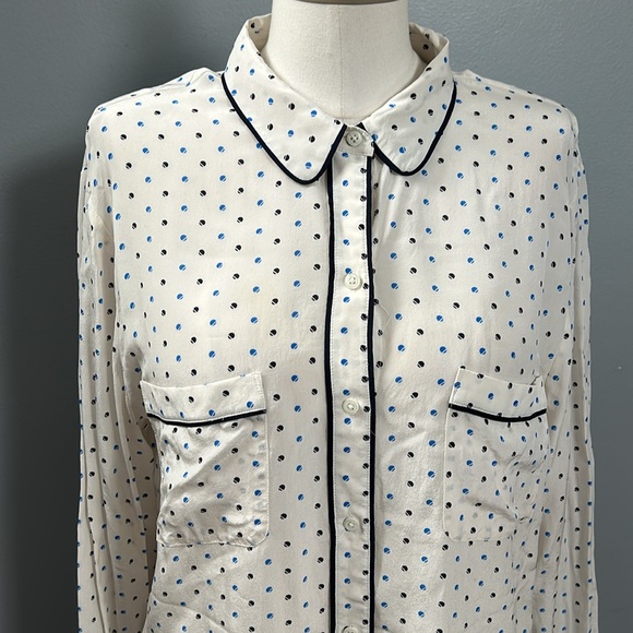 Ann Taylor Polka Dot Cream Navy Long Sleeve Collared Silk Shirt size XL - Picture 4 of 15
